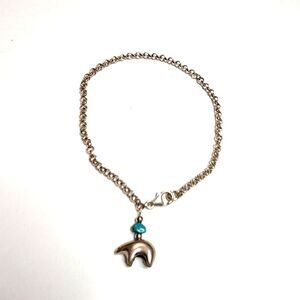 Turquoise and Silver Ankle Bracelet with Bear Charm 9"